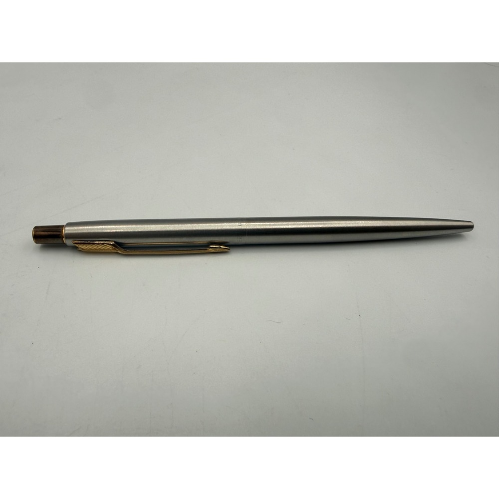 Vintage Parker Jotter Ballpoint Pen Brushed Stainless Steel Gold Trim USA Made